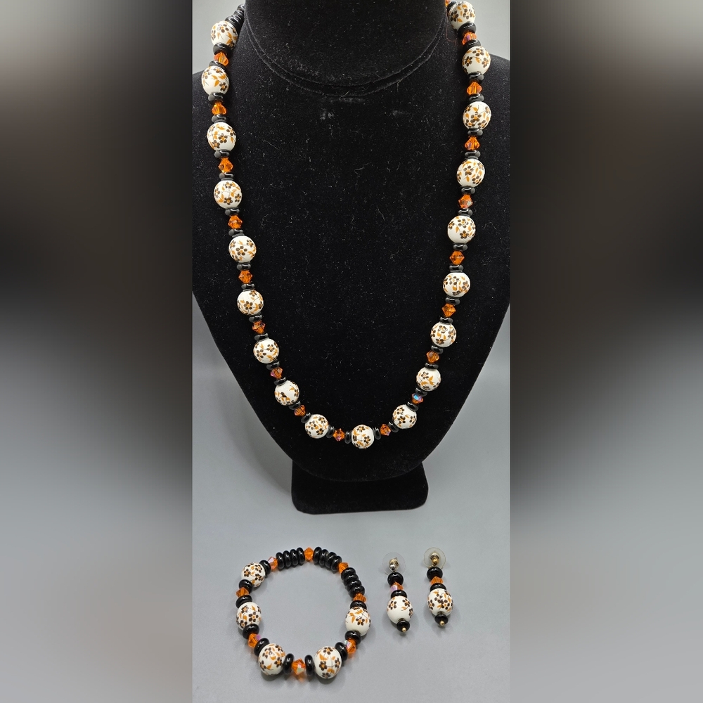 Glass Beaded Set (Necklace, Bracelet, Earrings) Flower Transfer